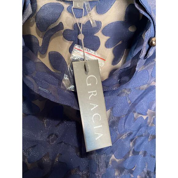 Gracia Floral Sheer Blouse Button-Up Long Bell Sleeve Blue Womens Size L NWT - Picture 4 of 5